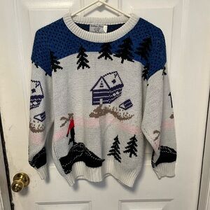 Vintage College Point Winter Wonderland Crewneck Sweater - Blue and White